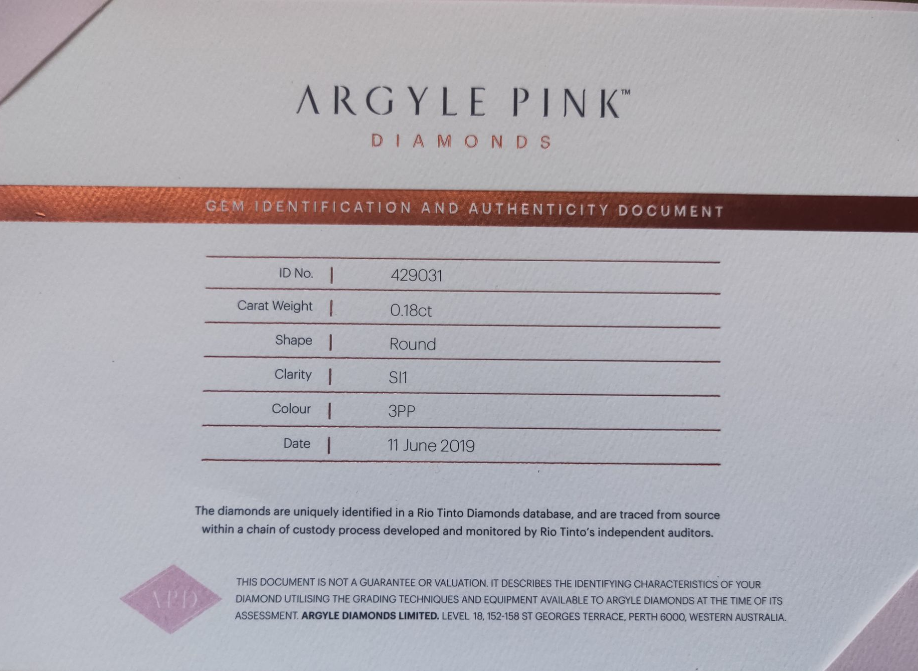 CERTIFIED ARGYLE Round Diamond 0.18ct 3PP SI1