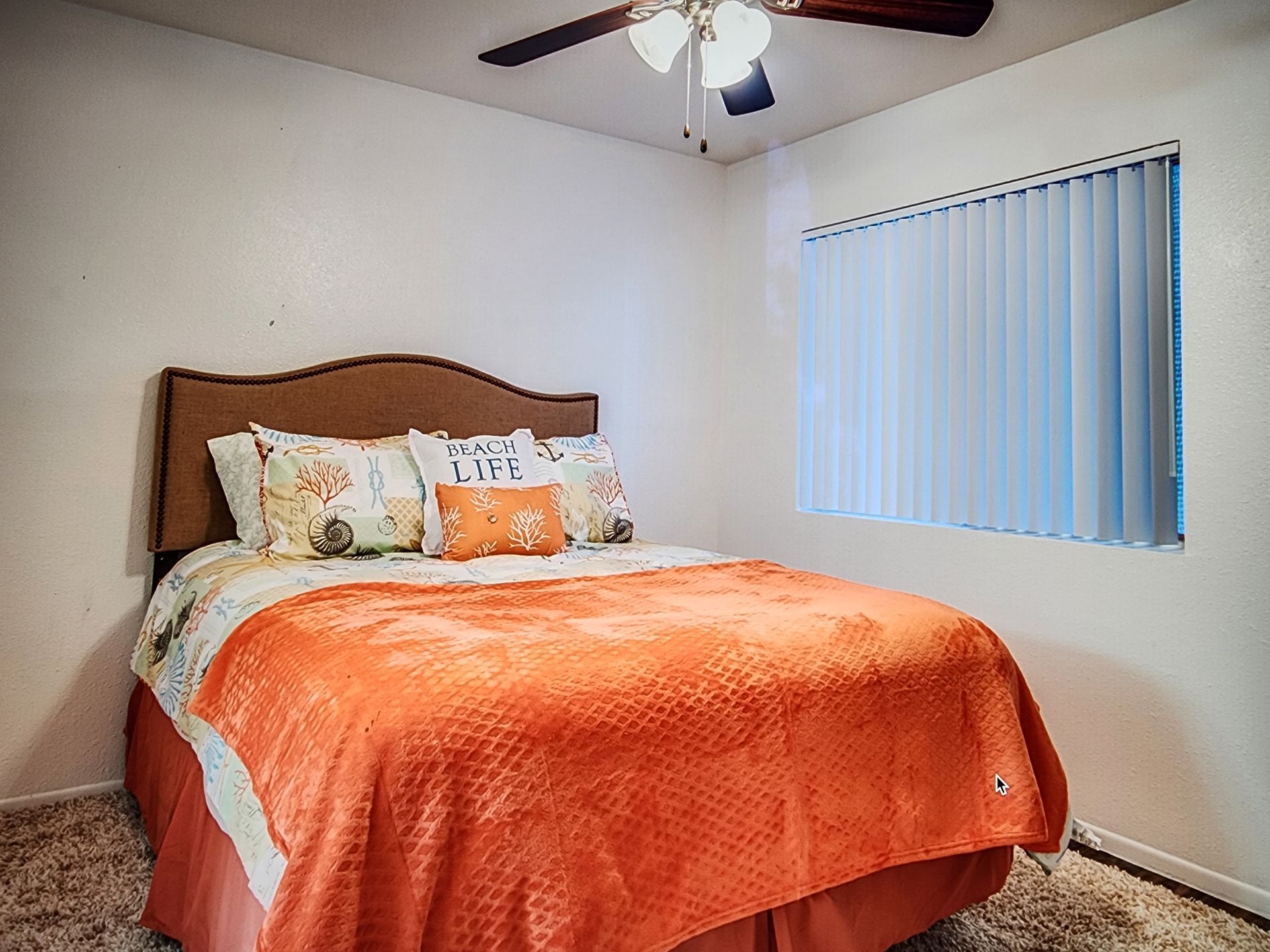 A bedroom with a bed , window and ceiling fan.