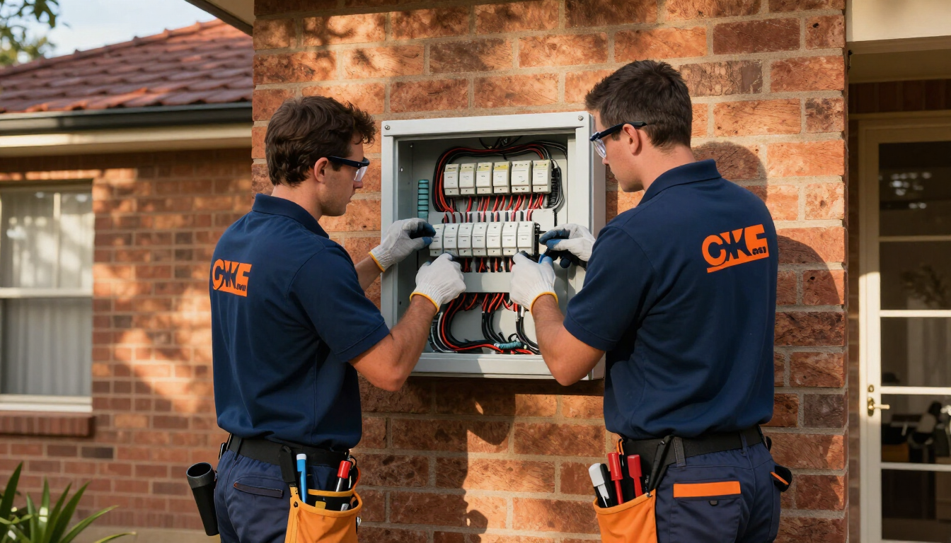 Elecplumb Electrical tradies working on a switchboard at a Prospect SA home.
