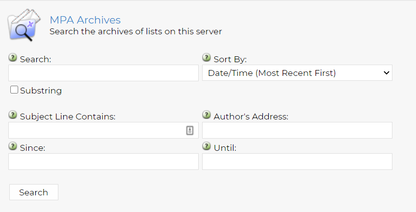 MPA Archives web search form with search fields and a sort-by dropdown