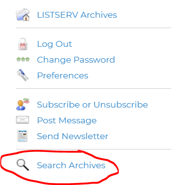 Listserv Archives menu with links; red-circled Search Archives option at bottom