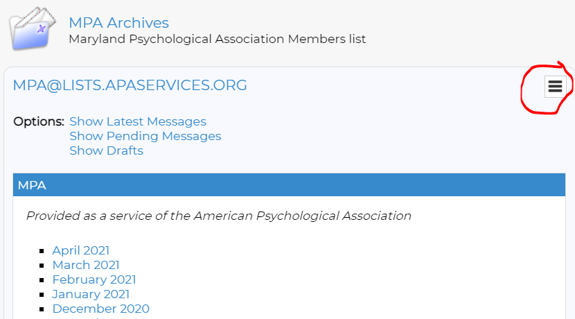MPA Archives webpage with a blue section header and a circled hamburger menu icon in the top right.