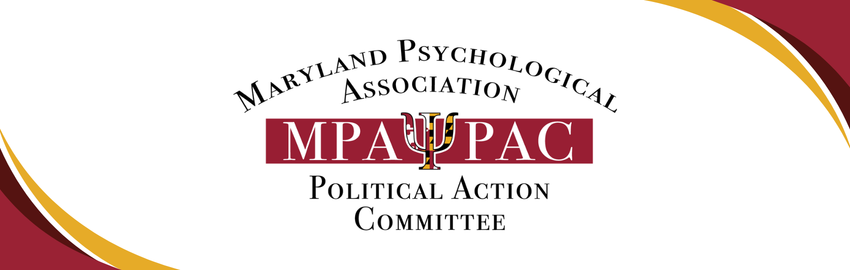 Maryland Psychological Association PAC logo with maroon text on a white background and gold swooshes