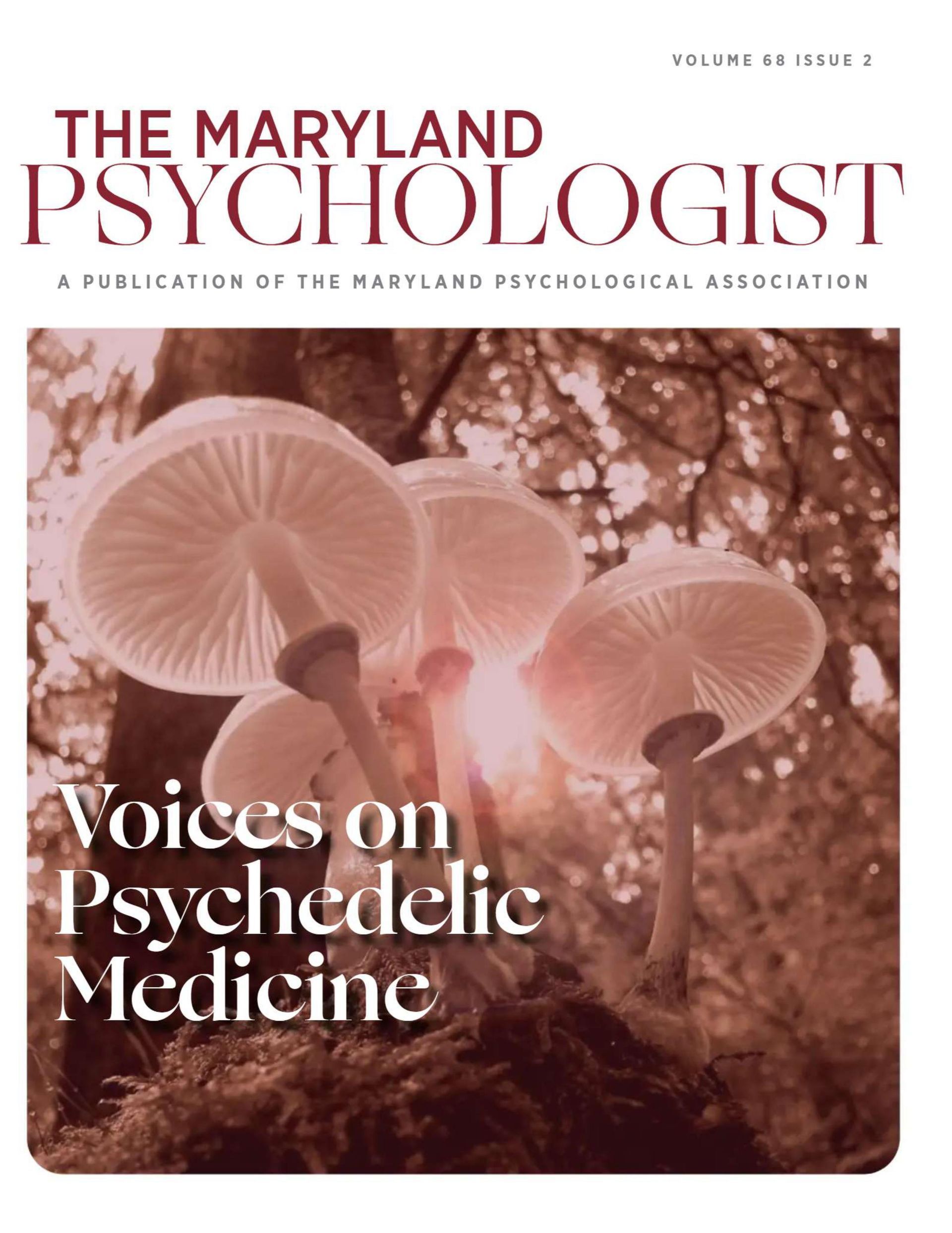 Magazine cover for The Maryland Psychologist with mushroom illustration and headline “Voices on Psychedelic Medicine”