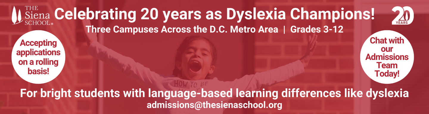 Red banner celebrating 20 years as dyslexia champions, promoting language-based learning differences support.