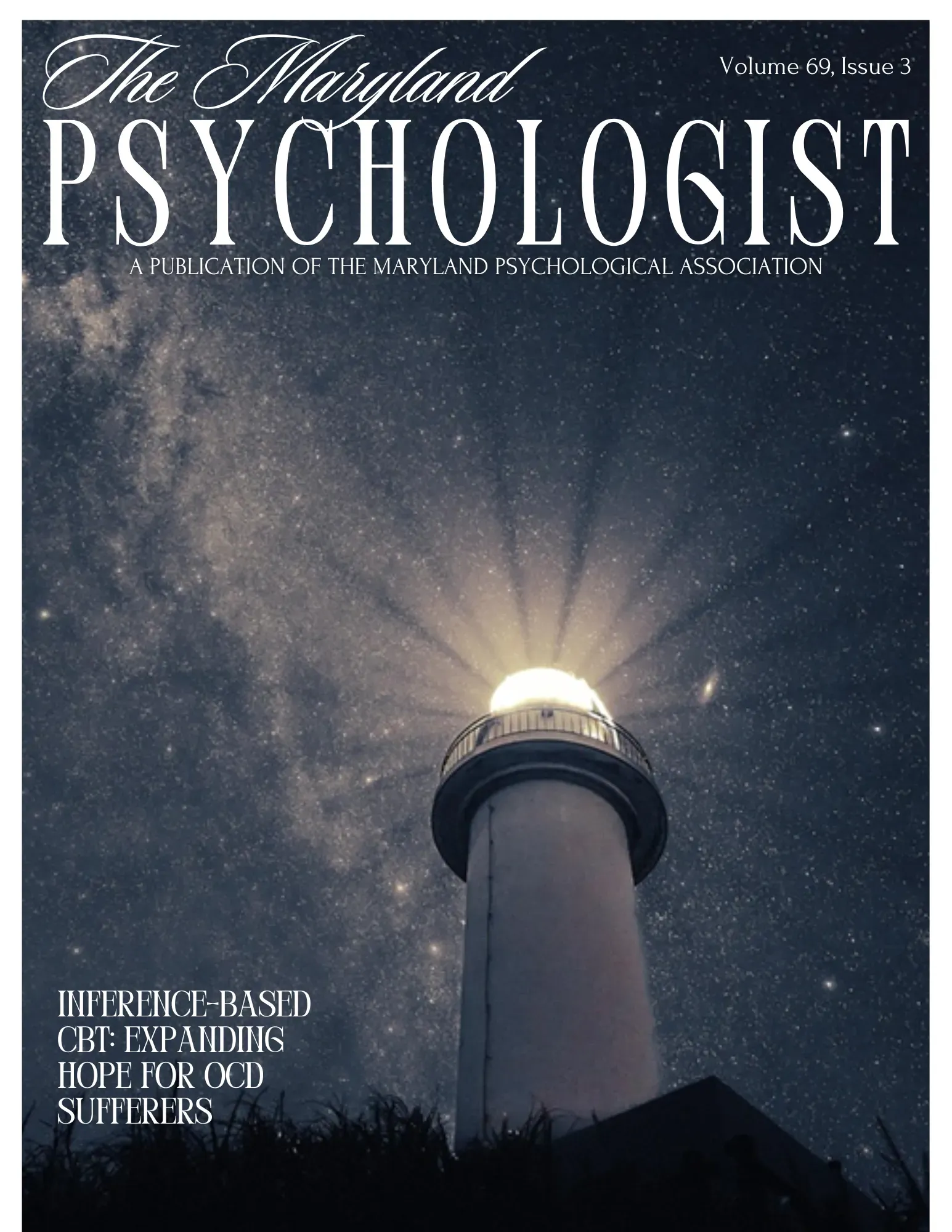 Magazine cover with a lighthouse shining under a starry night sky, titled “The Thailand Psychologist.”