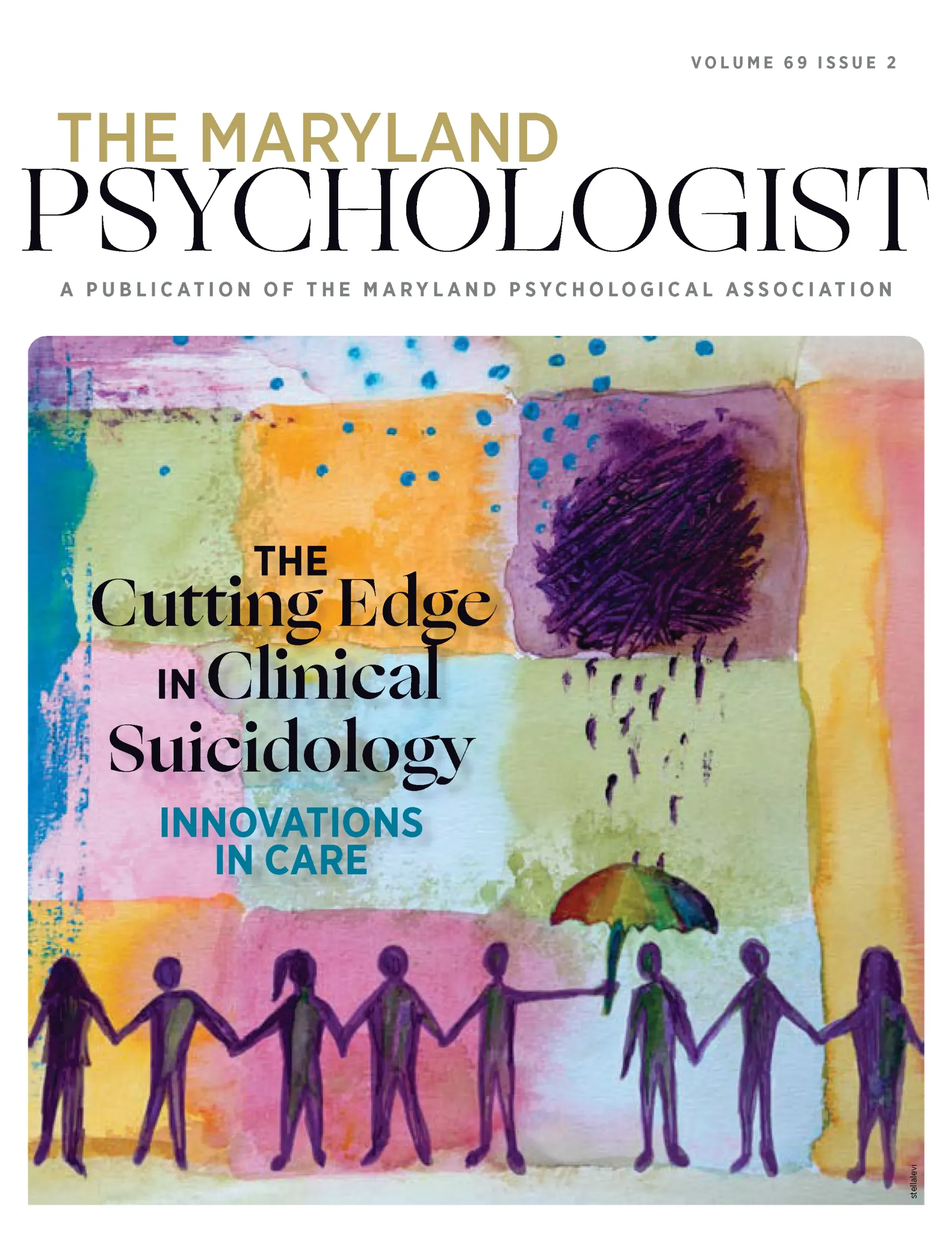 Magazine cover titled “The Maryland Psychologist” with colorful abstract art and text about suicideology innovations in care