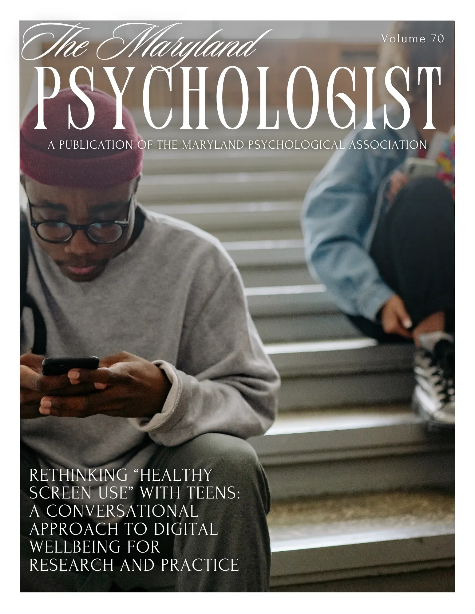 Magazine cover: The Maryland Psychologist with a person using a phone on stairs