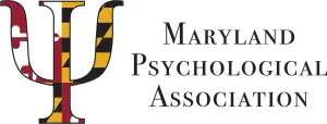Maryland Psychological Association logo with stylized maroon psi symbol and black text
