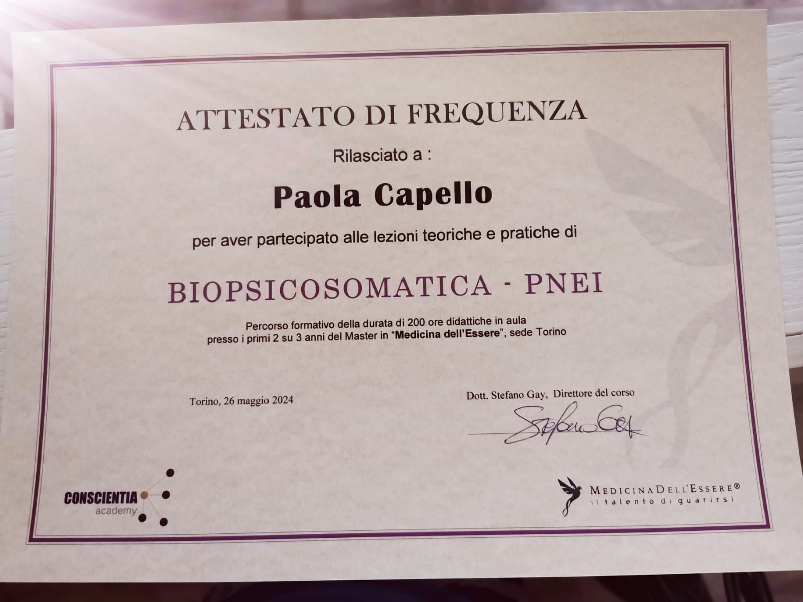 Attestato di frequenza per Paola Capello, per la partecipazione alle lezioni di Biopsicosomatica - PNEI.
