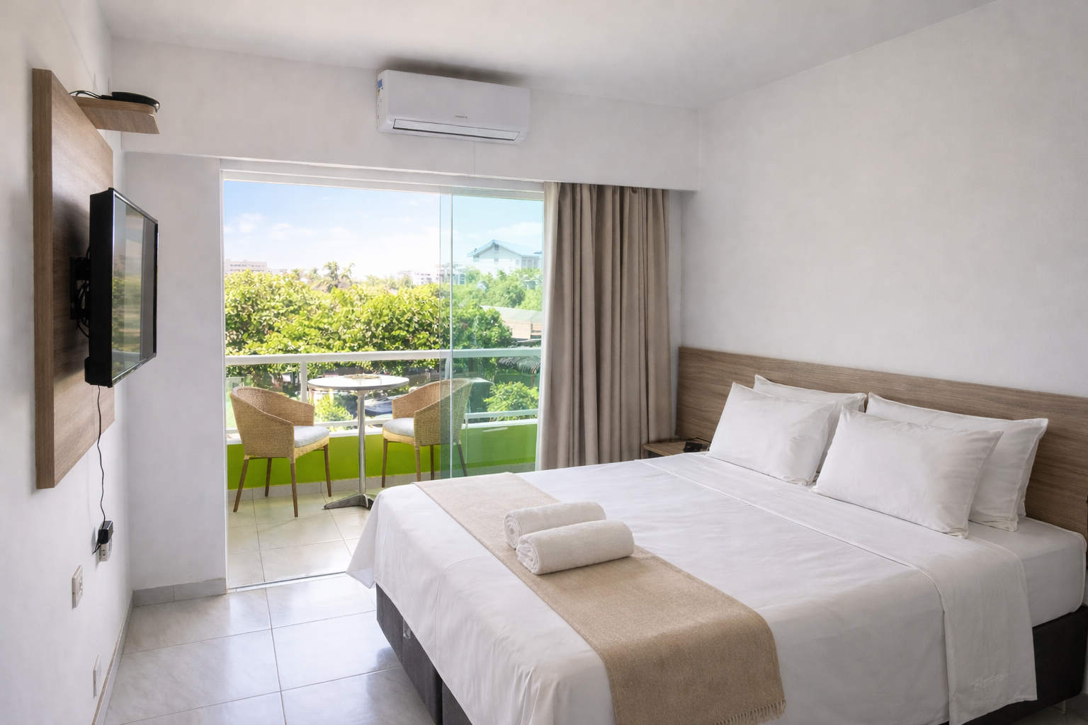 Quarto de hotel luminoso com varanda, cama de casal, TV e área de estar externa.
