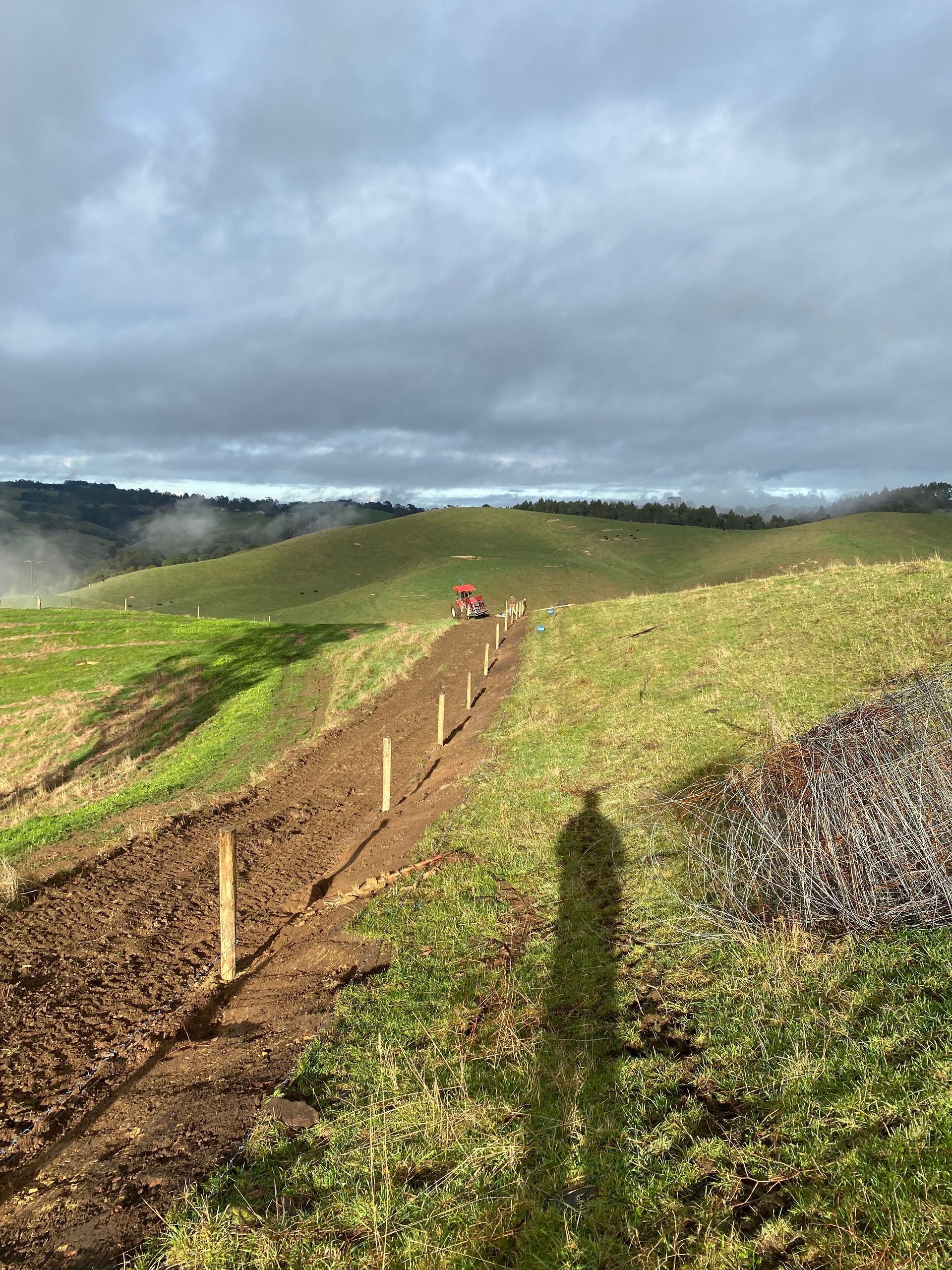 A person is riding a bike down a dirt road on a hill.