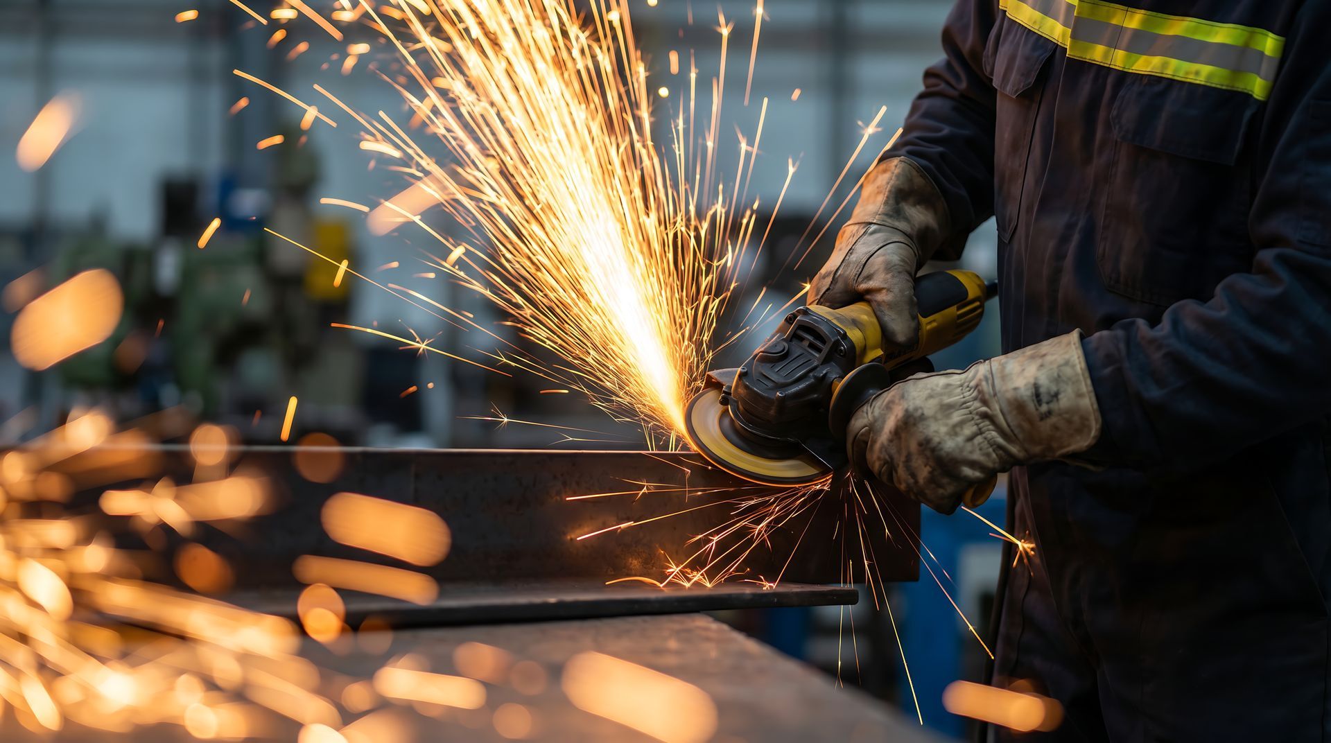 A worker in gloves and a safety jacket using an angle grinder on steel, bright sparks