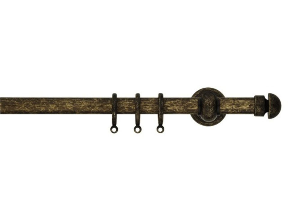 Bastone per tende in bronzo con anelli, pomello ed elementi circolari decorativi.