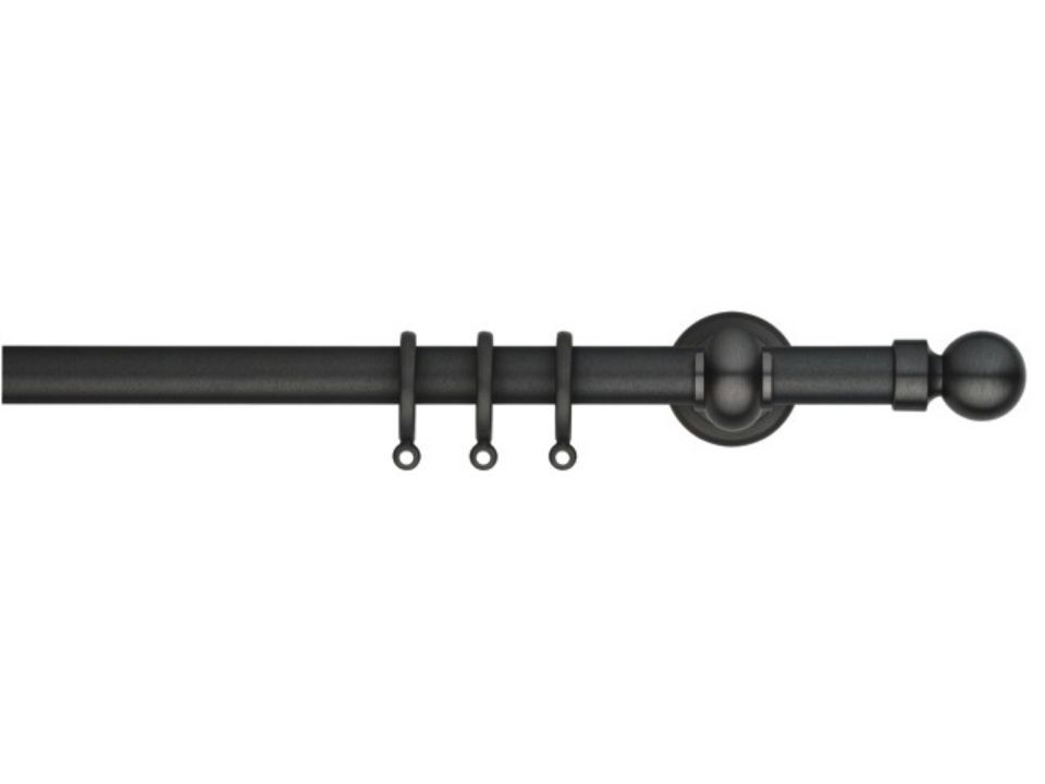 Bastone per tende in metallo nero con anelli e terminali a sfera.