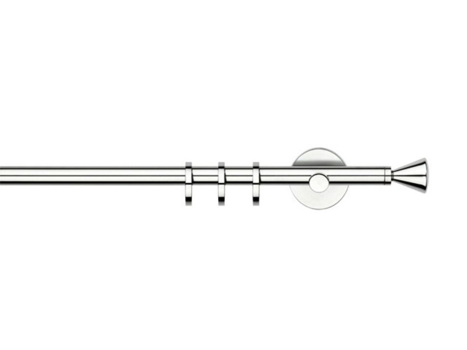 Bastone per tende argentato con anelli e estremità conica, su sfondo bianco.