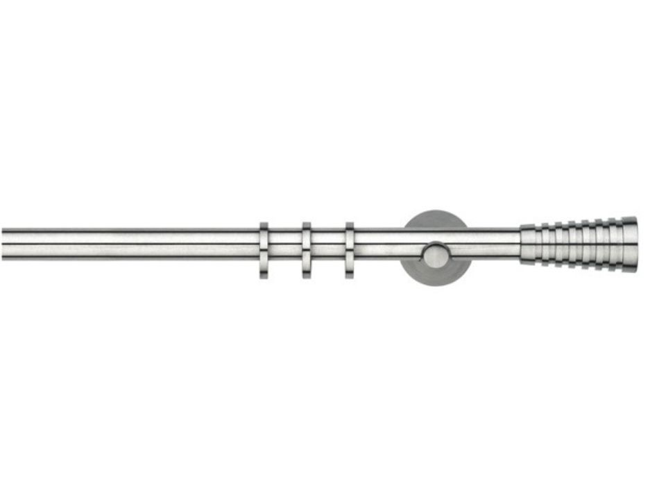 Bastone per tenda in argento con anelli e terminale decorativo.