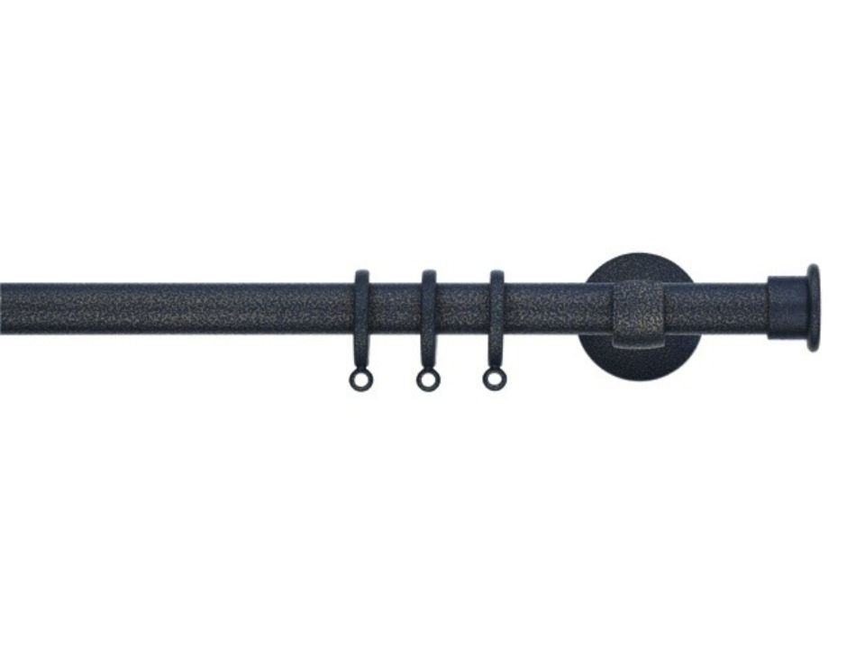 Bastone per tende in metallo grigio scuro con anelli e terminale decorativo.