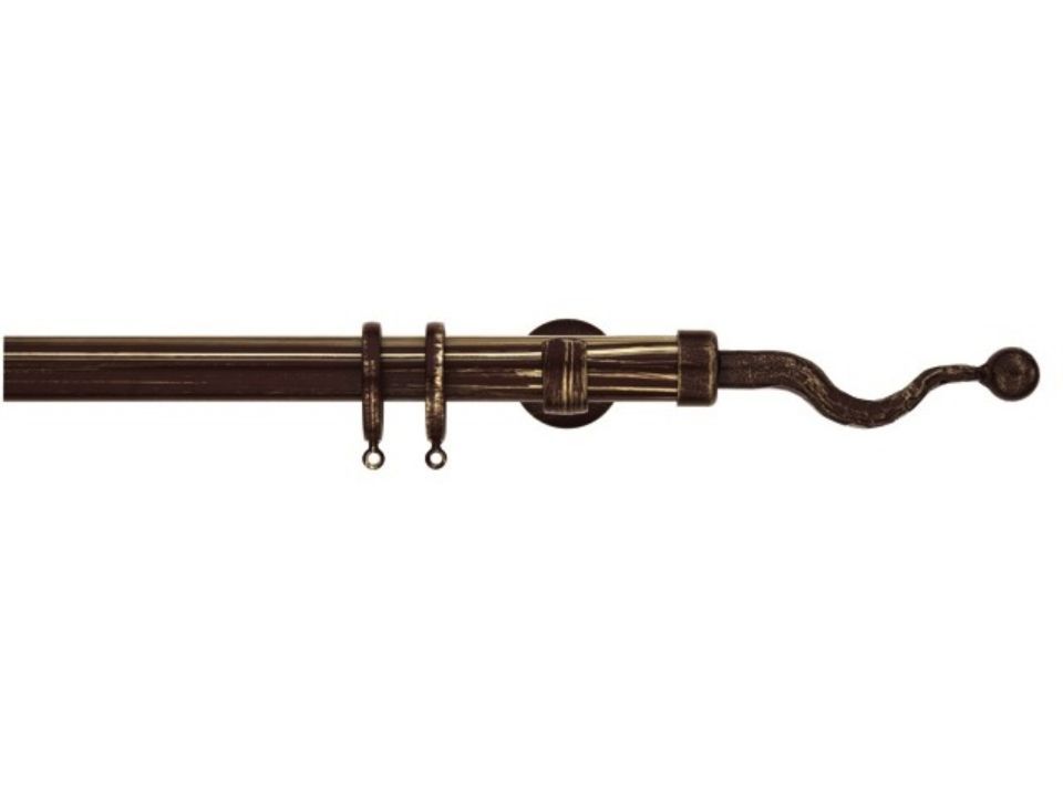 Bastone per tende in metallo marrone con estremità curva decorativa.