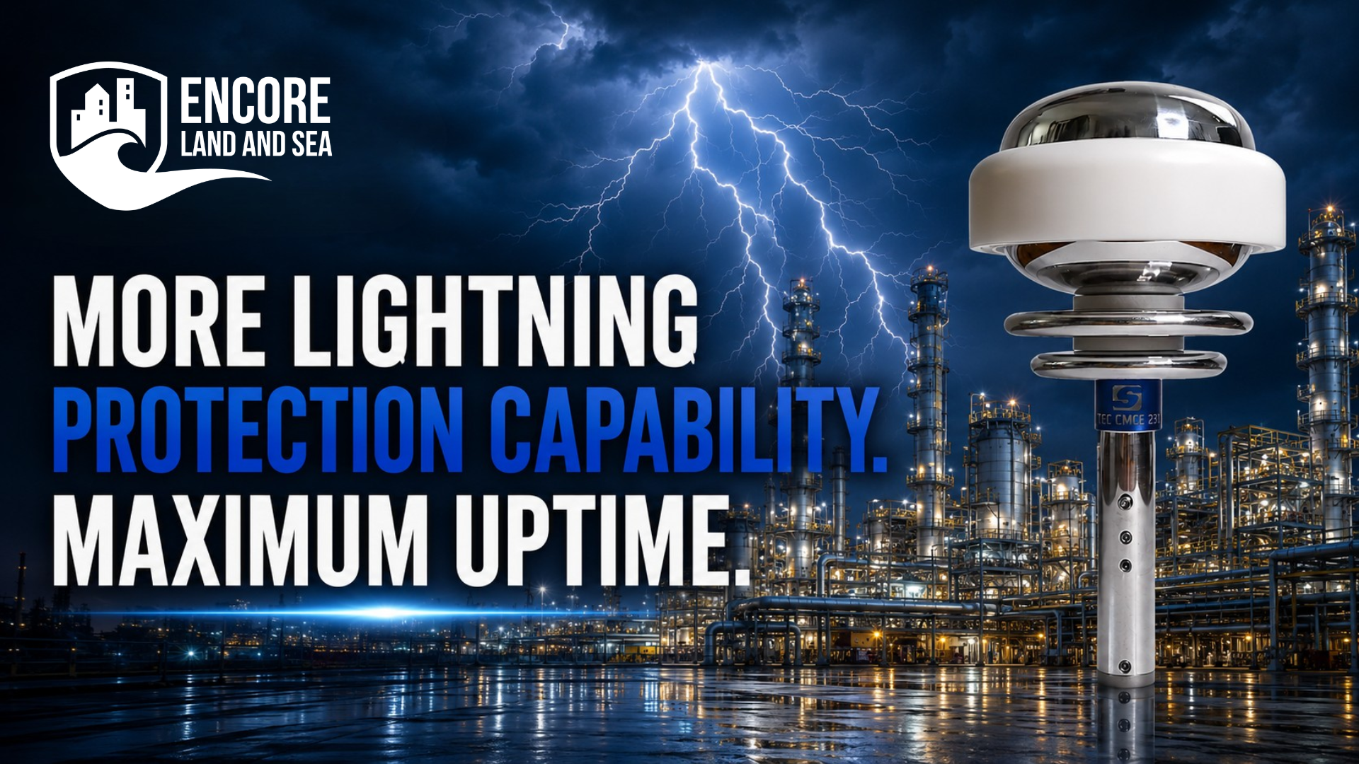 CMCE Lightning Suppressor. More lightning protection capability. Maximum uptime. Encore Land and Sea