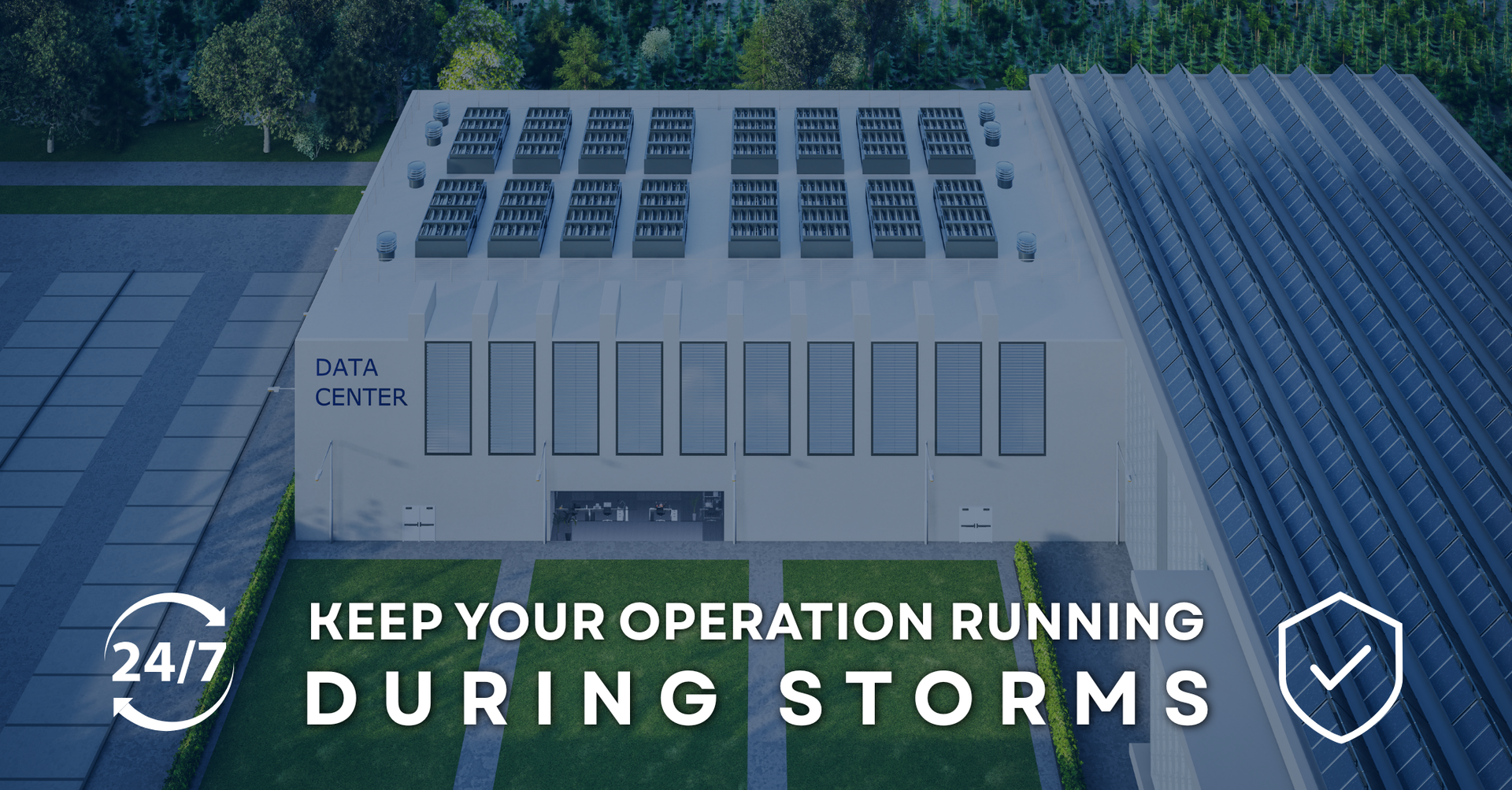 Data center with text saying 