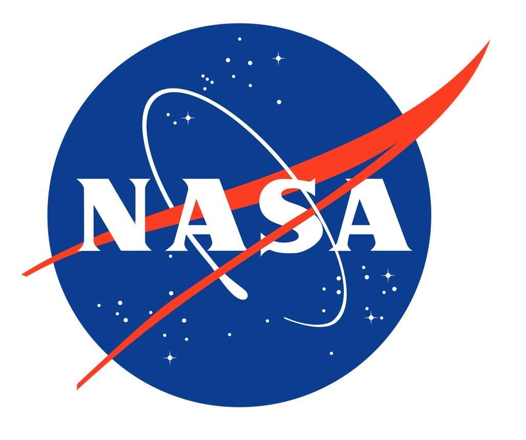 NASA logo: white NASA text on a blue sphere with a red swoosh and white orbit stars.