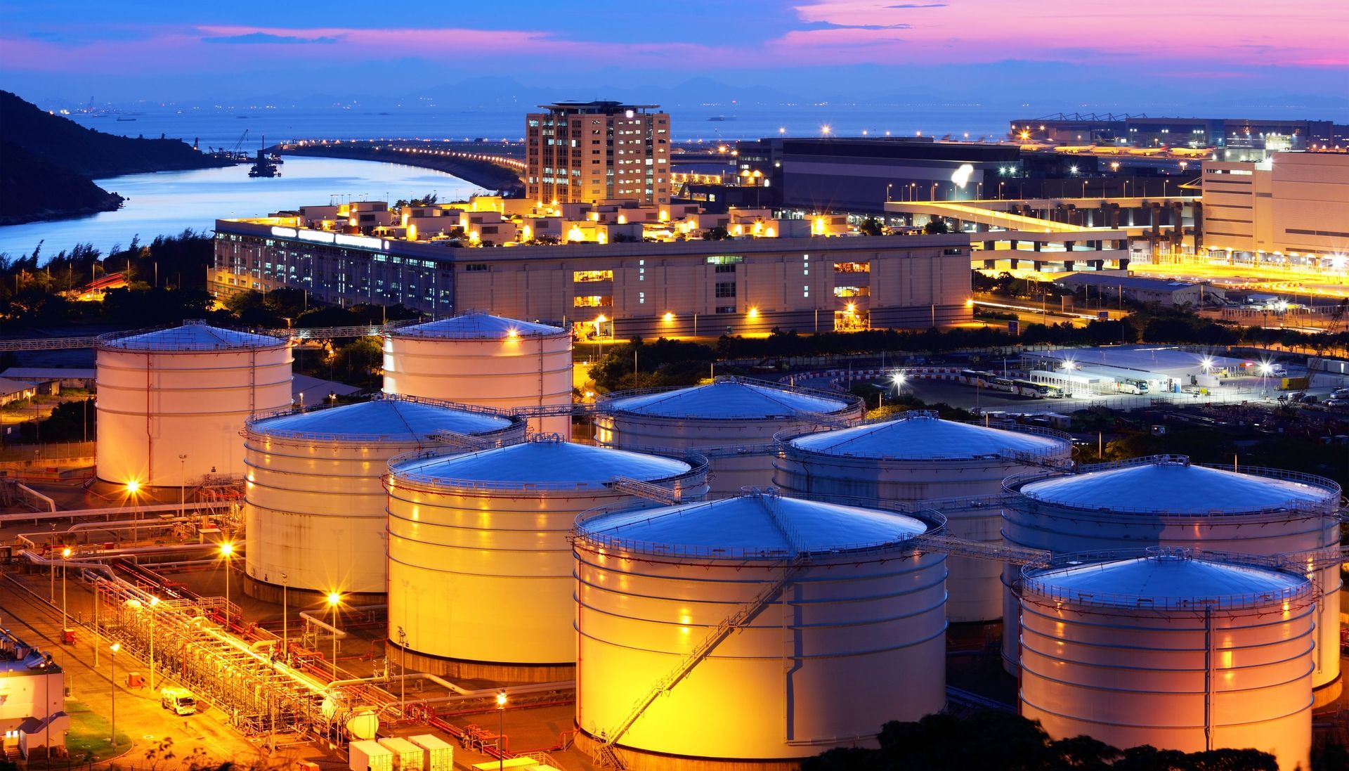 Industrial site with water storage tanks