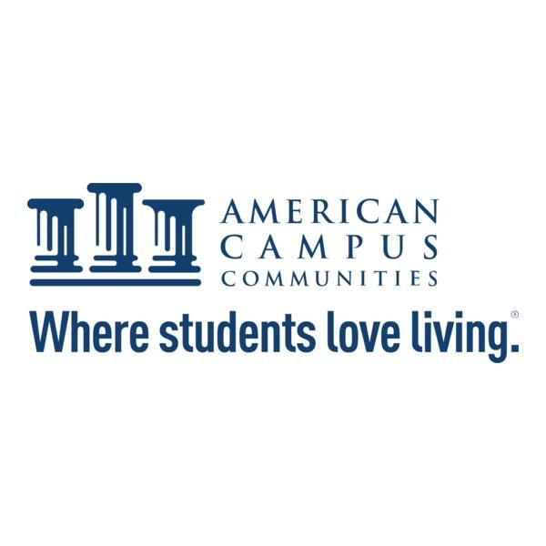 American Campus Communities logo with blue columns and tagline, “Where students love living.”