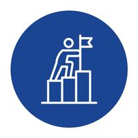 Person climbing steps to a flag on a pedestal, blue background.