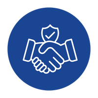 Two hands shaking, shield with check mark above. Blue circle.