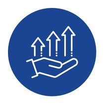 White hand holding three upward-pointing arrows on a blue background.