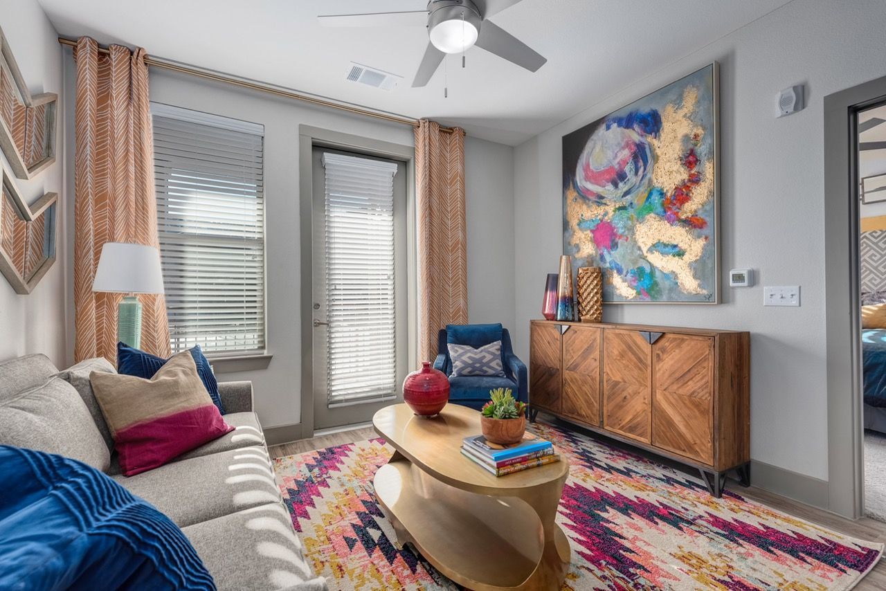 Bright apartment living room with a gray sofa, colorful rug, and abstract wall art.