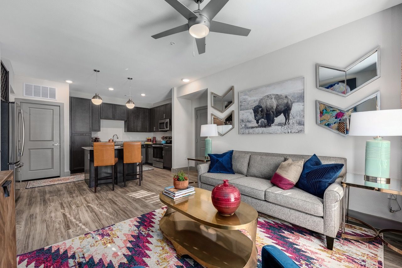 Open-concept living area with a gray sofa, colorful rug, and kitchen island.