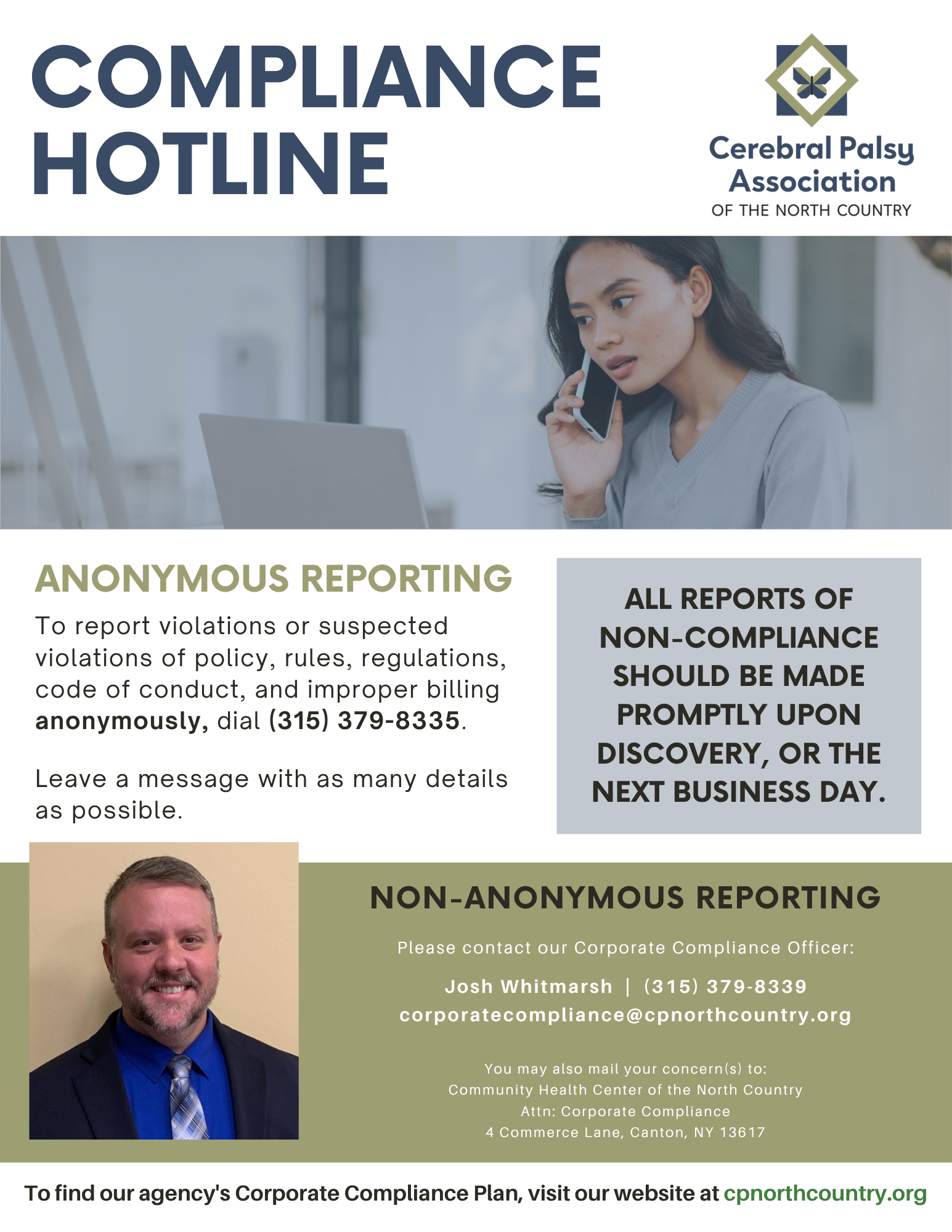 Compliance hotline poster with anonymous and non-anonymous reporting options and contact information.