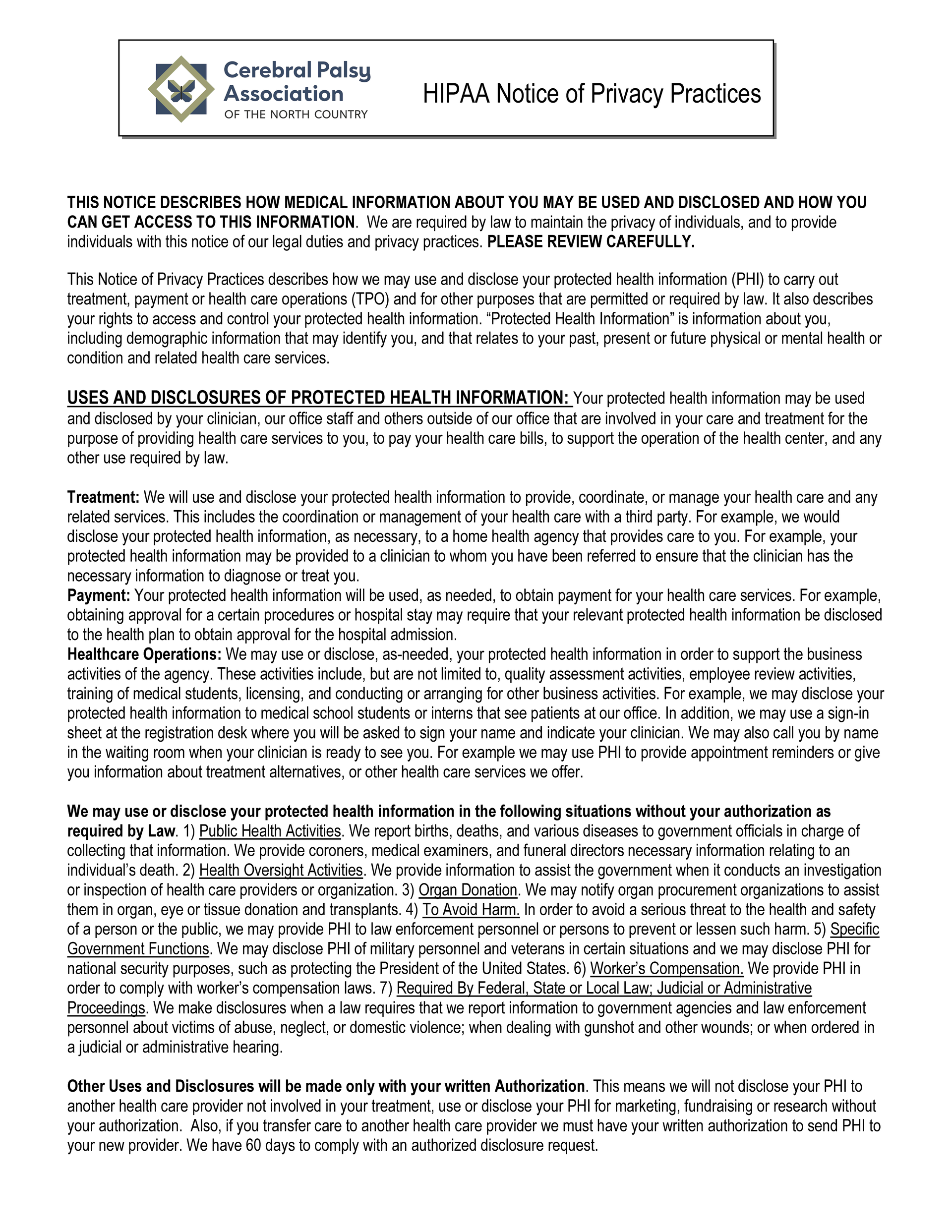 HIPAA Notice of Privacy Practices flyer with dense black text on white, Community Health Center logo at top left