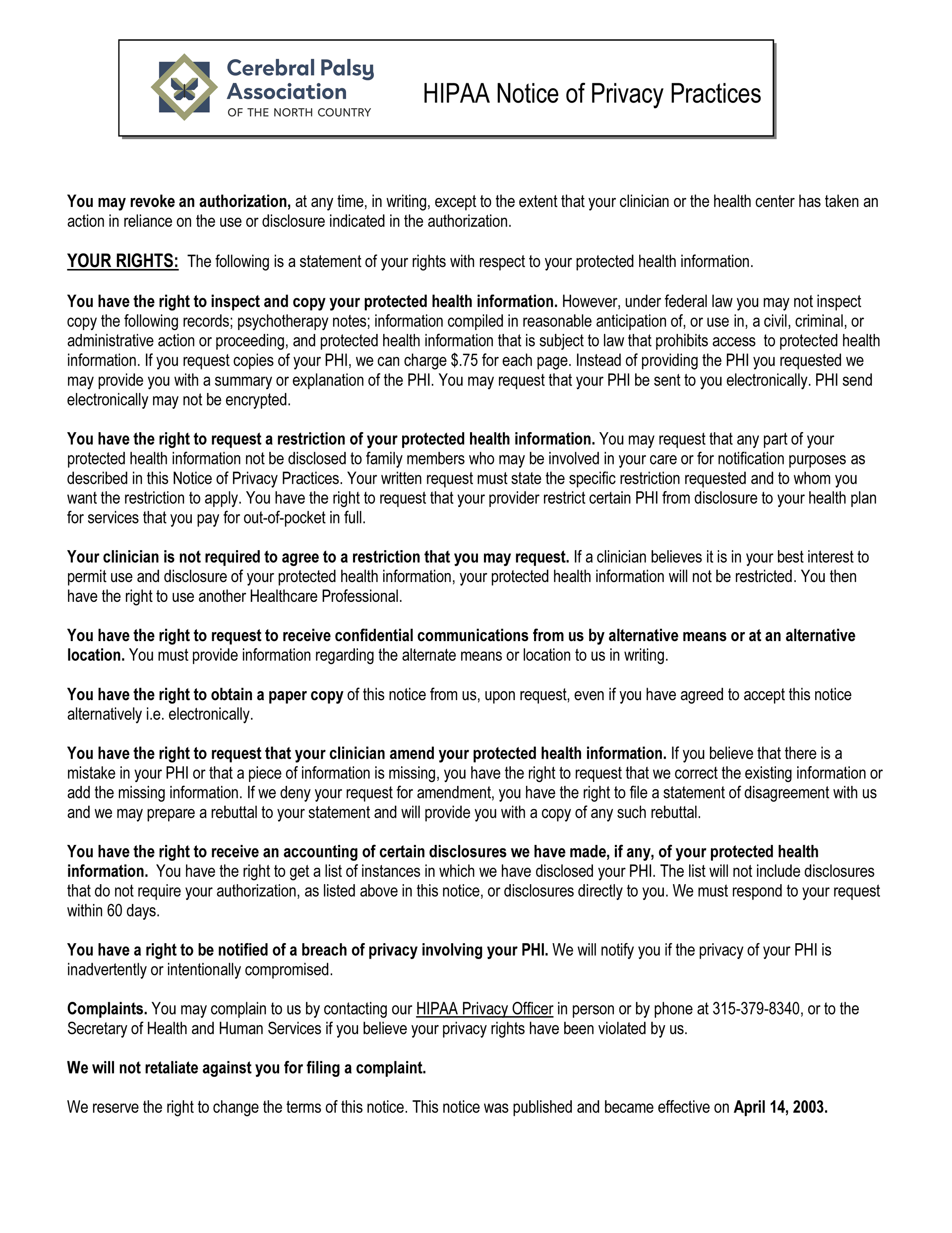 HIPAA Notice of Privacy Practices document from Community Health Center, with dense black text on white background