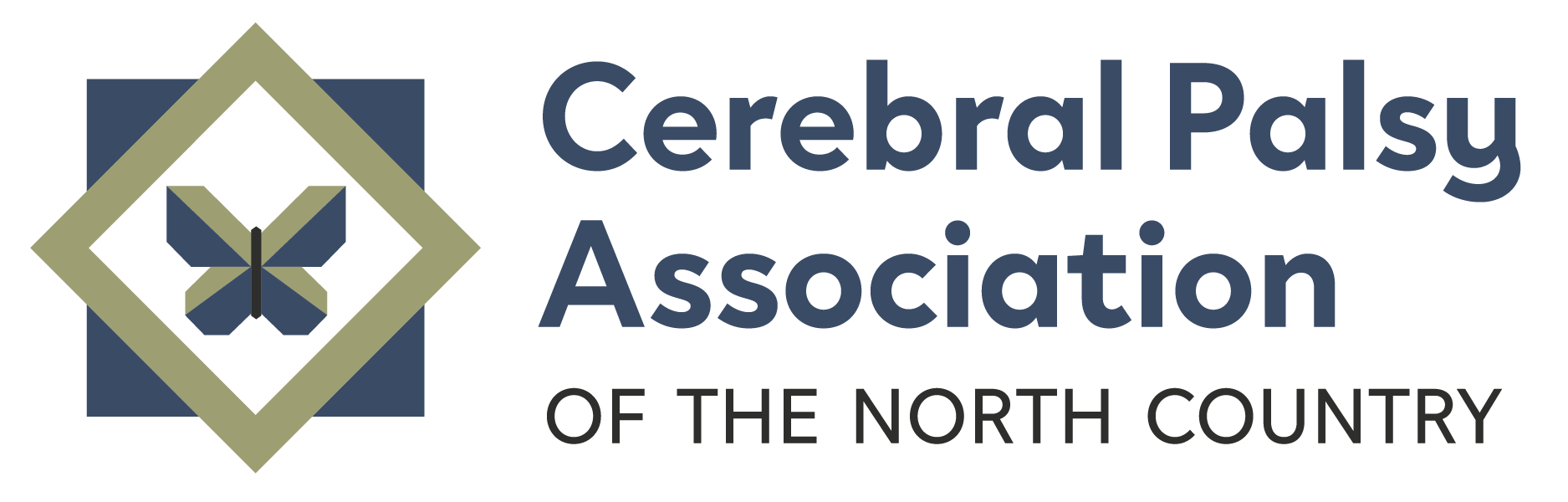 Cerebral Palsy Association of the North Country logo with dark blue and tannish-green barn quilt that contains a butterly