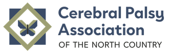 Cerebral Palsy Association of the North Country logo with dark blue and tannish-green barn quilt that contains a butterly