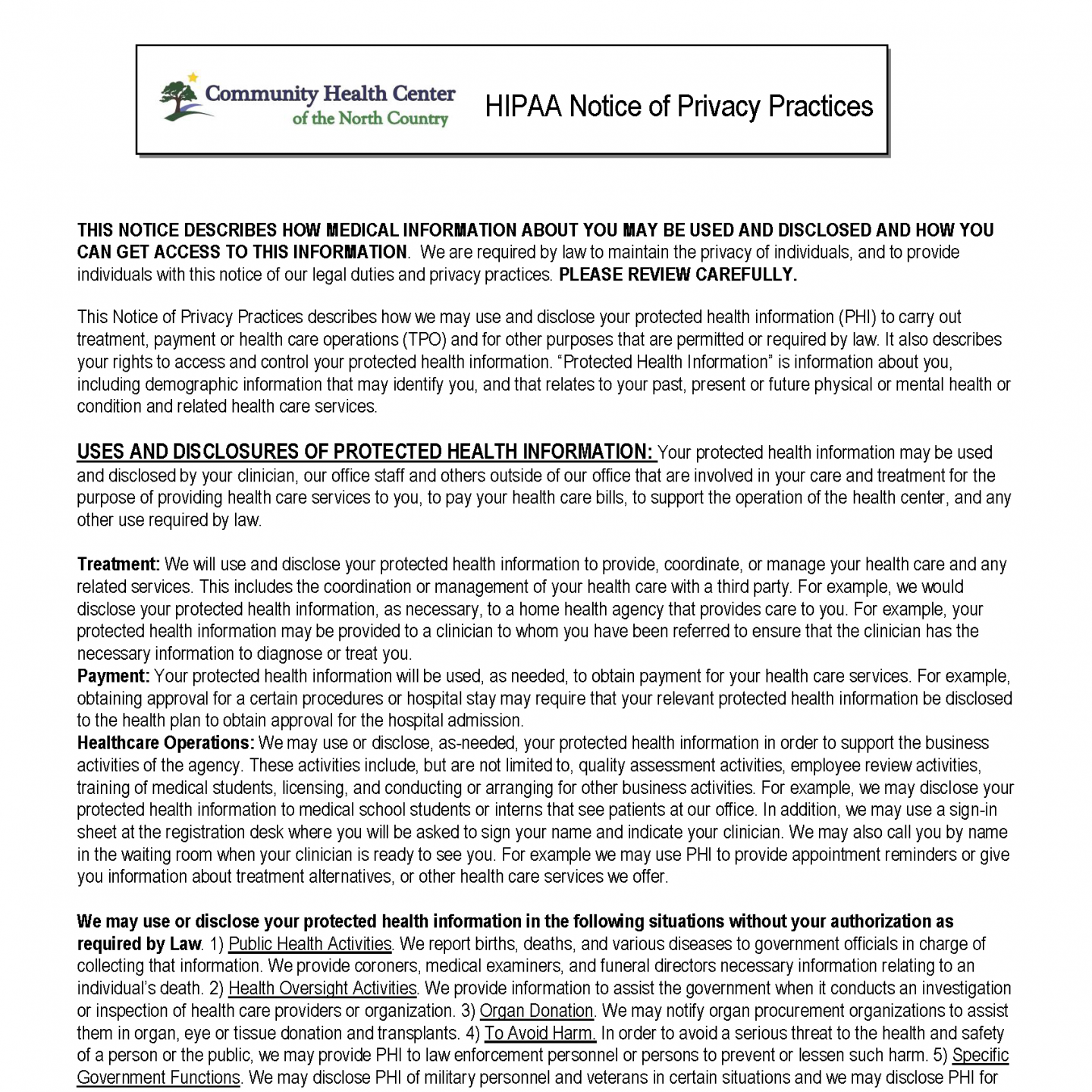 HIPAA Notice of Privacy Practices flyer with dense black text on white, Community Health Center logo at top left