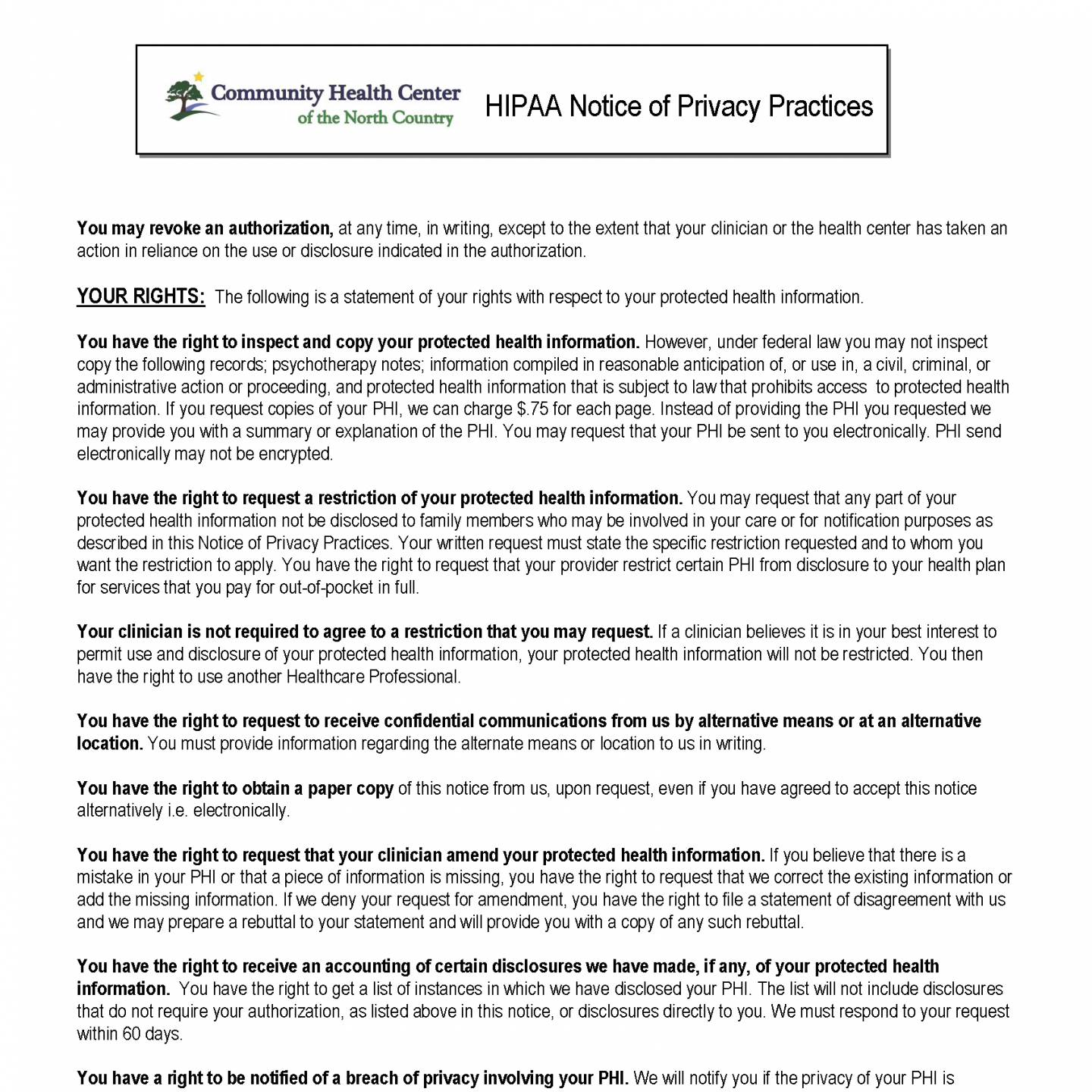 HIPAA Notice of Privacy Practices document from Community Health Center, with dense black text on white background
