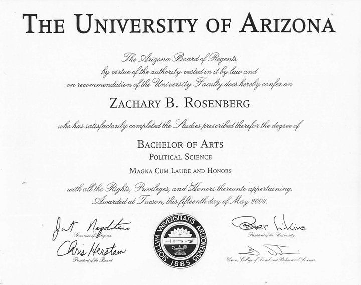 A diploma from the university of arizona