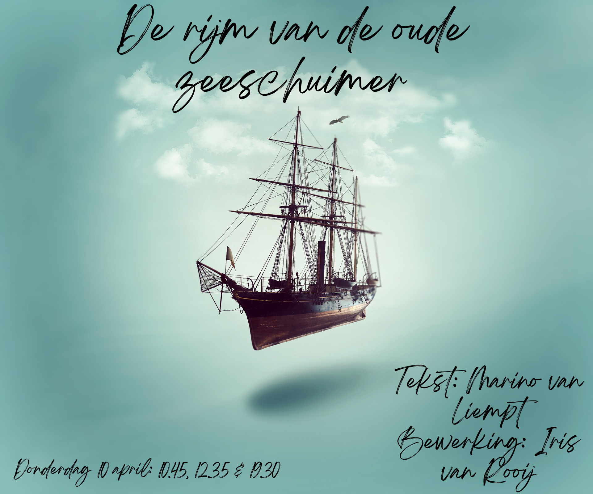Poster met een schip op een turquoise achtergrond. De tekst luidt 