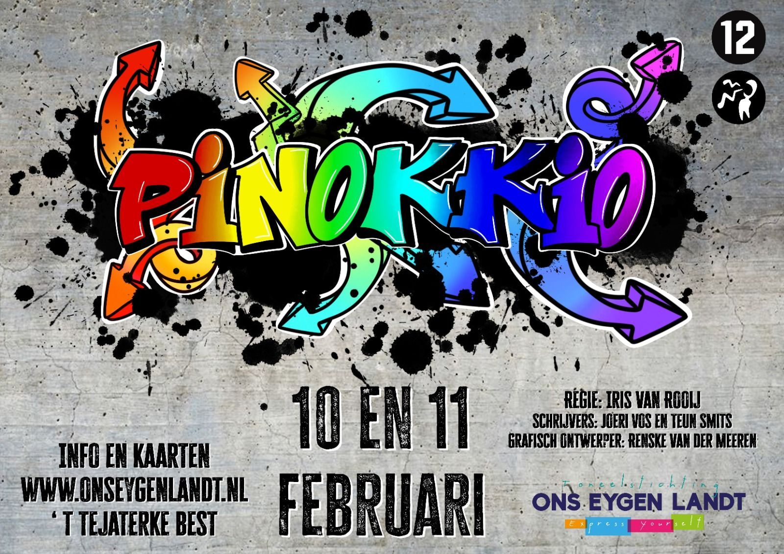 Poster voor het Pinokkio-evenement, met kleurrijke tekst in graffitistijl. De data zijn 10 en 11 februari. Website en locatiegegevens zijn bijgevoegd.