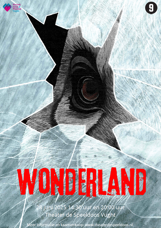 Poster: Een wolvenoog tuurt door een gebroken ruit. Titel: WONDERLAND.