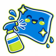 Cute blue cartoon spray bottle spraying a smiling, pink-cheeked blue shape with star sparkles