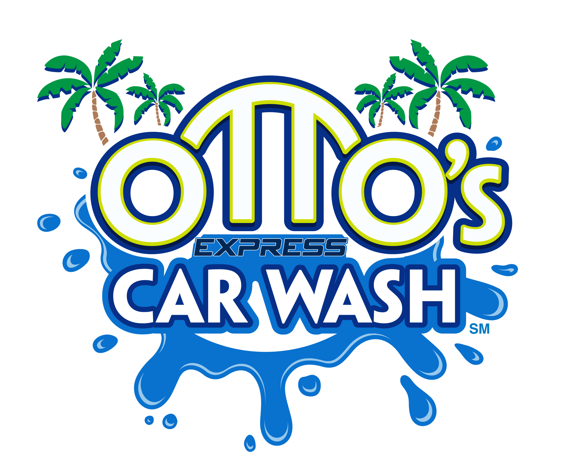 Otto's Express Car Wash logo with blue text, palm trees, and water splash. Proudly serving the Florida Panhandle.