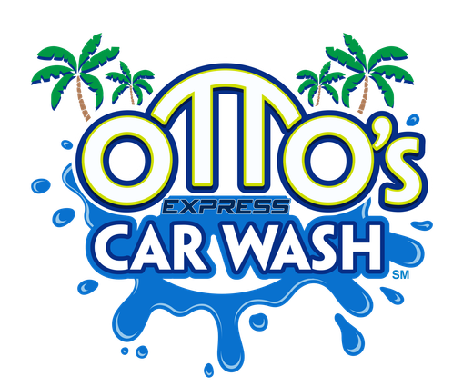 Otto's Express Car Wash logo with blue text, palm trees, and water splash. Proudly serving the Florida Panhandle.