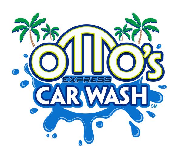 Ottos car wash florida logo with blue text, palm trees, and water splash design