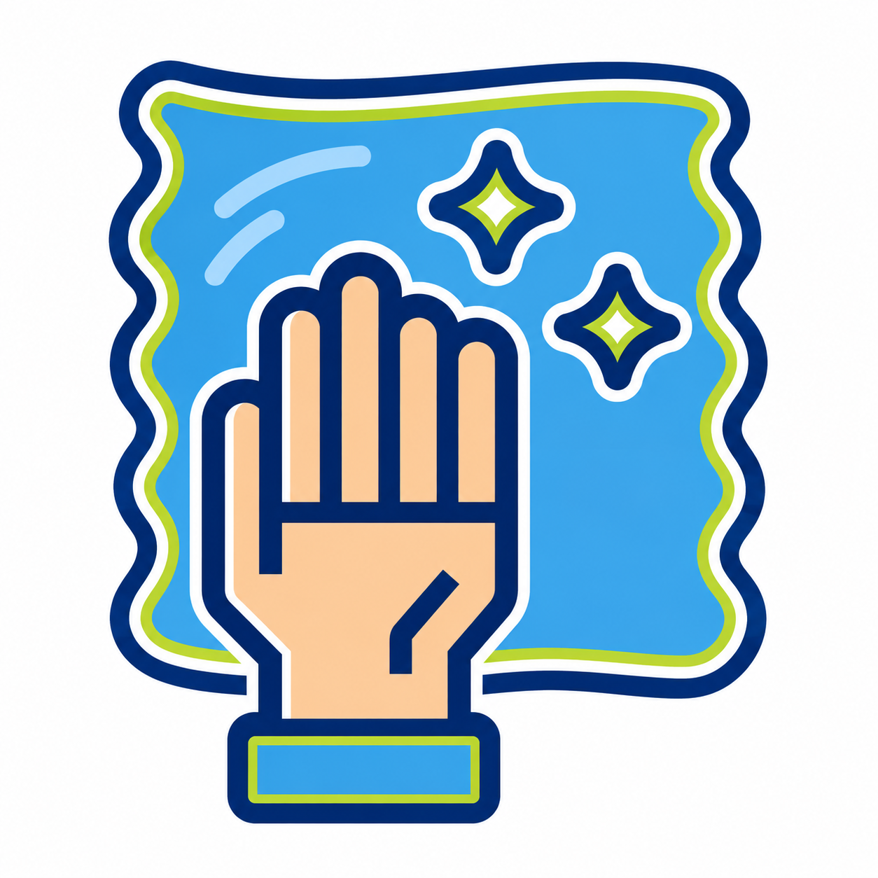 Hand with raised palm, sparkles, and motion lines on a teal background