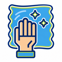 Hand with raised palm, sparkles, and motion lines on a teal background